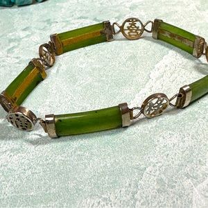 Vintage jade and silver tennis bracelet with Chinese characters